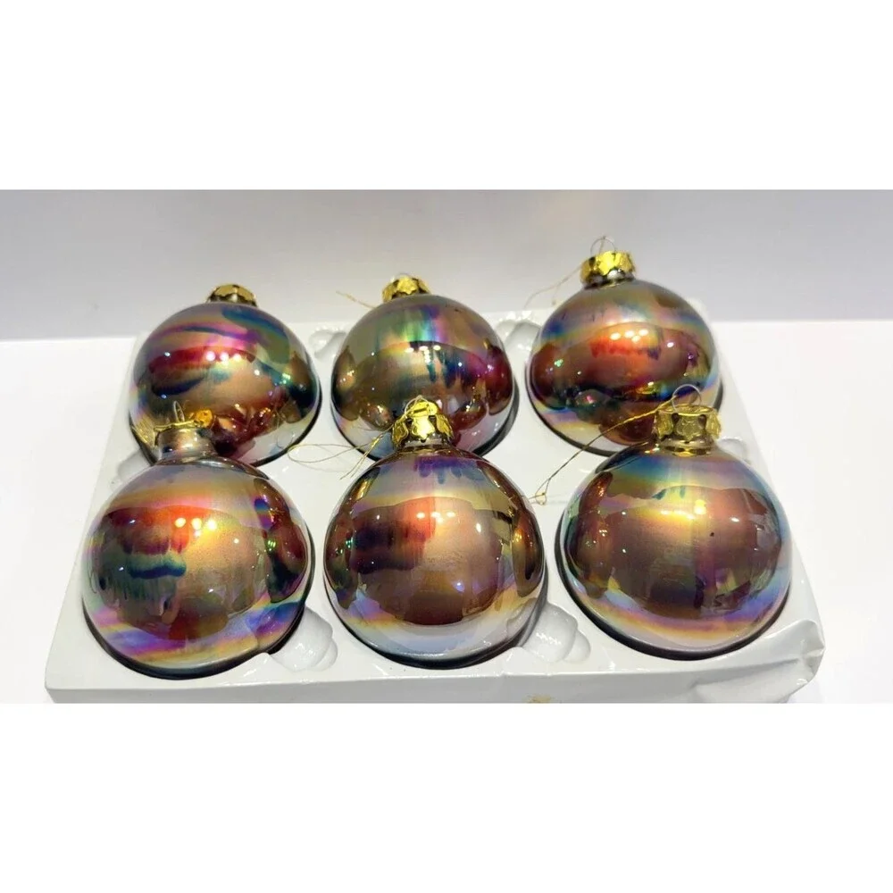 Vintage Aurora Borealis Blown Glass Christmas Ornaments Set 6 Rainbow Gold